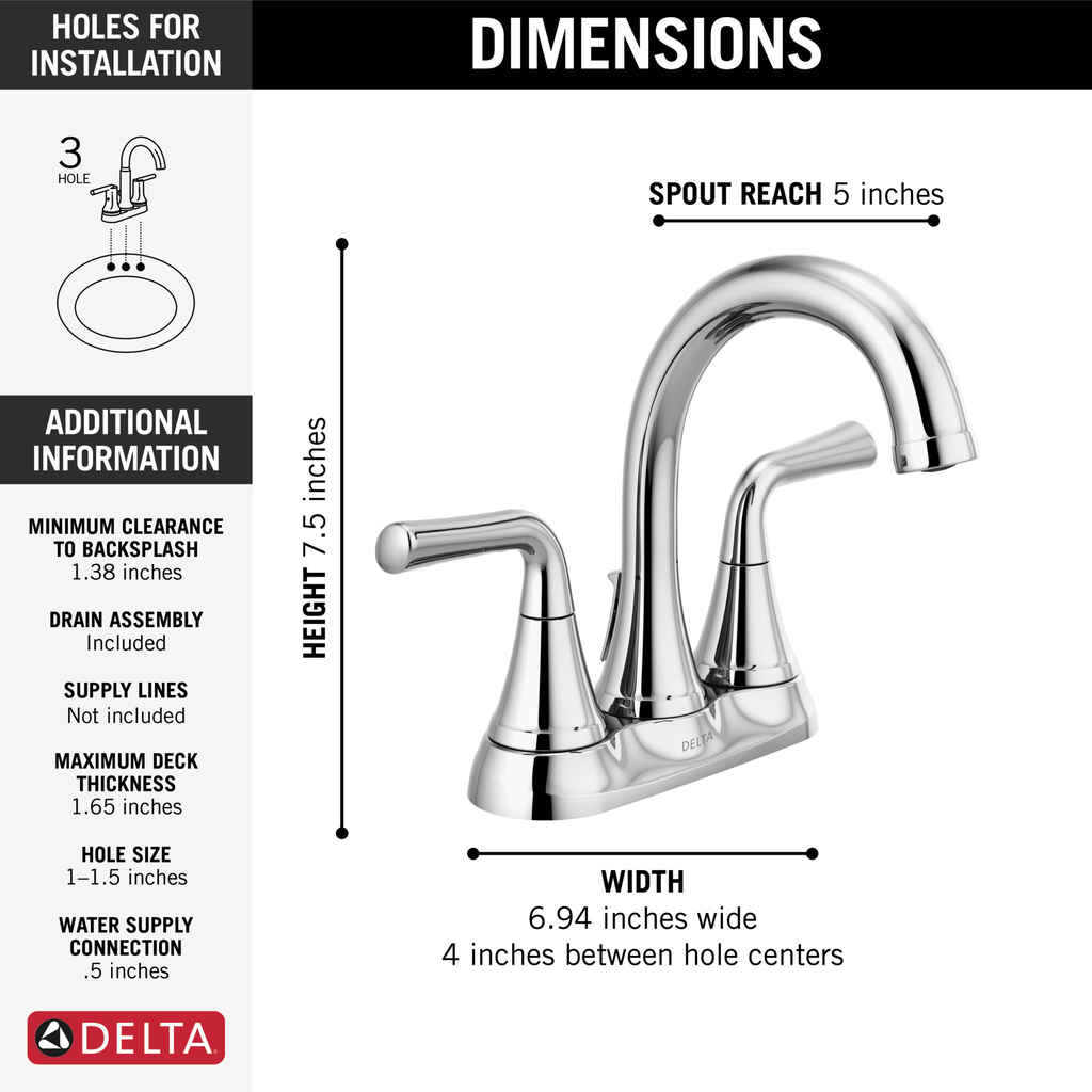 Delta Kayra®: Two Handle Centerset Bathroom Faucet - Two Handle Lever - Chrome