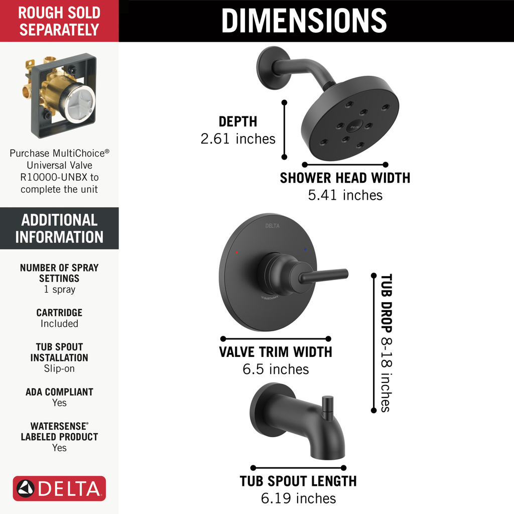 Delta Trinsic®: Monitor® 14 Series H2Okinetic® Tub & Shower Trim - Single Handle Lever - Matte Black