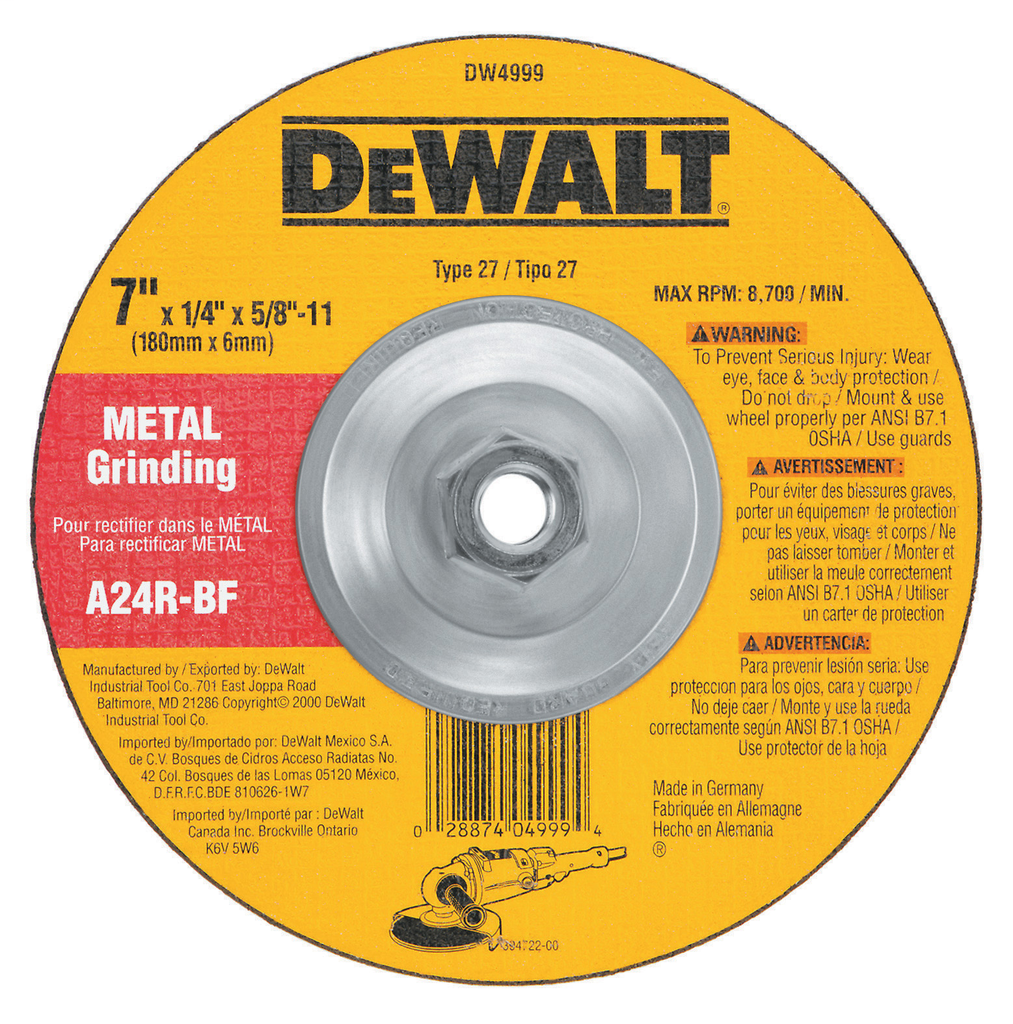 Product image for DeWalt DW4999 7" x 1/4" x 5/8"-11 High Performance Metal Grinding Wheel