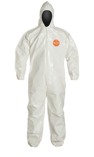 DuPont™ Tychem® 4000 Coverall. Standard Fit Hood. Elastic Wrists and Ankles. Storm Flap with Adhesive Closure. Bound Seams. White. 3X