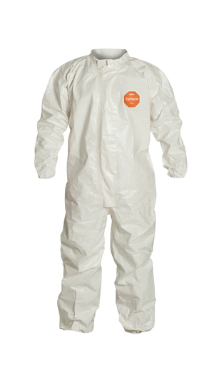 DuPont™ Tychem® 4000 Coverall. Collar. Elastic Wrists and Ankles. Storm Flap with Adhesive Closure. Taped Seams. White. 4X