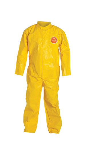 DuPont™ Tychem® 2000 Coverall. Collar. Stormflap. Open Wrists and Ankles. Storm Flap with Adhesive Closure. Bound Seams. Yellow. 6X