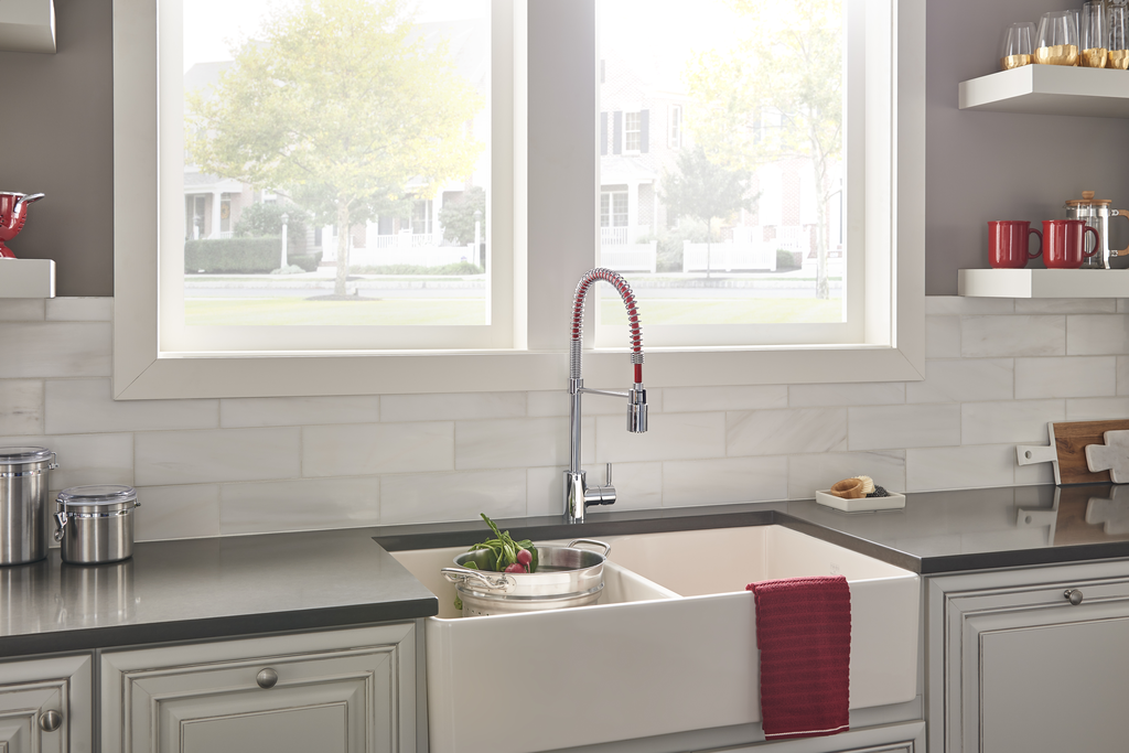 The Foodie Caliente 1H Pre-Rinse Pull-Down Kitchen Faucet 1.75gpm Chrome w/ Red Hose