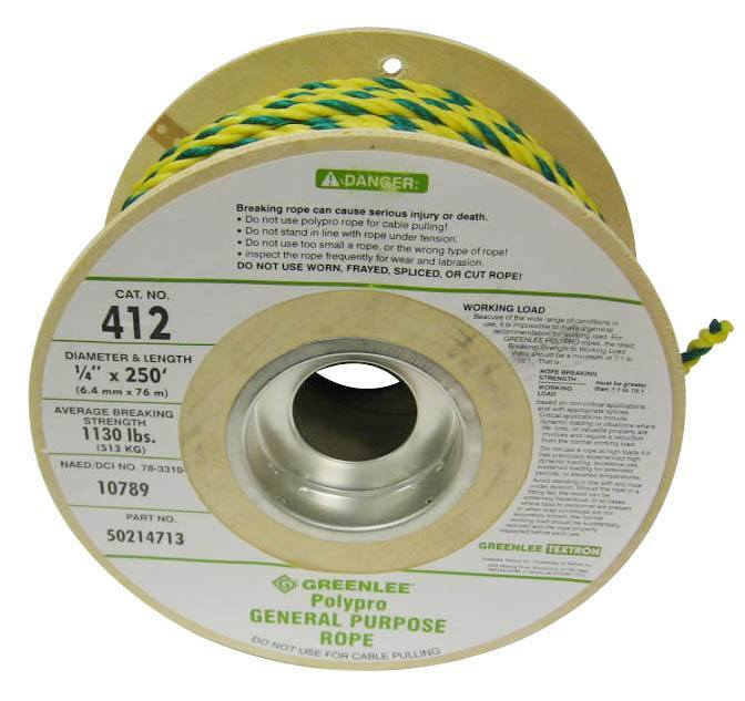 Product image for Greenlee 412 1/4 Inch x 250 Foot Bright Yellow Polypropylene General Purpose Rope
