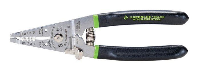 Product image for Greenlee 1950-SS 18 to 10 AWG Black Stainless Steel Spring Return Wire Stripper/Cutter/Crimper