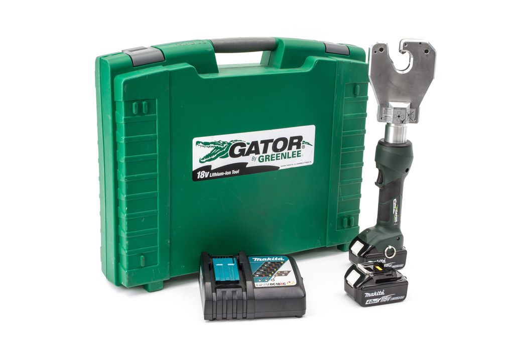 Product image for Greenlee EK6ATILX11 Six Ton Inline Quad Point Crimper (Open Face), with Two Batteries and 120V Charger