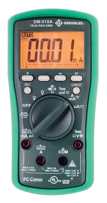 Product image for Greenlee DM-510A DMM,TRMS,AC/DC,CAP,TEMP(DM-510A)