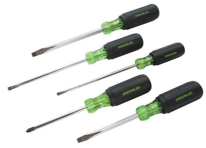 Product image for Greenlee 0153-01C 5-Piece Green/Black Cabinet/Keystone/Phillips Screwdriver Set