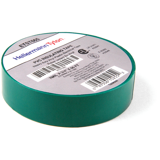 Electrical Tape, .75" x 66' Roll, 7.0 mil Thick, PVC, Green, 10 rolls/pkg