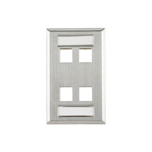 Flush Mount 4 Port Faceplate With ID Windows, Stainless Steel,1/pkg