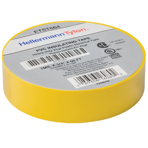 Electrical Tape, .75" x 66' Roll, 7.0 mil Thick, PVC, Yellow, 10 rolls/pkg