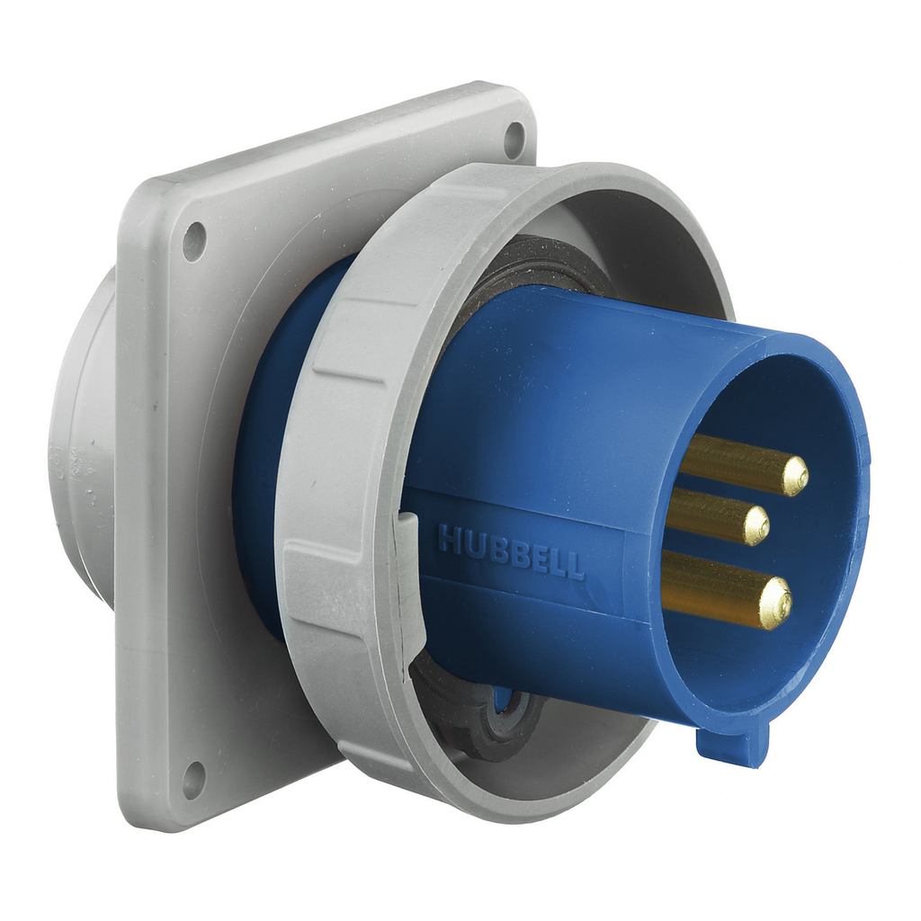 Heavy Duty Products, IEC Pin and Sleeve Devices, Industrial Grade, Male, Flanged Inlet, 32A 220-240V, 2-Pole 3- Wire Grounding, Terminal Screws, Blue, Watertight