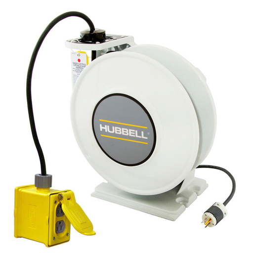 White Industrial Reel with Yellow Portable Outlet Box and (1) 20A Duplex Receptacle, UL Type 1, 45 Ft, #12/3 SJO, 20 A, 250 VAC