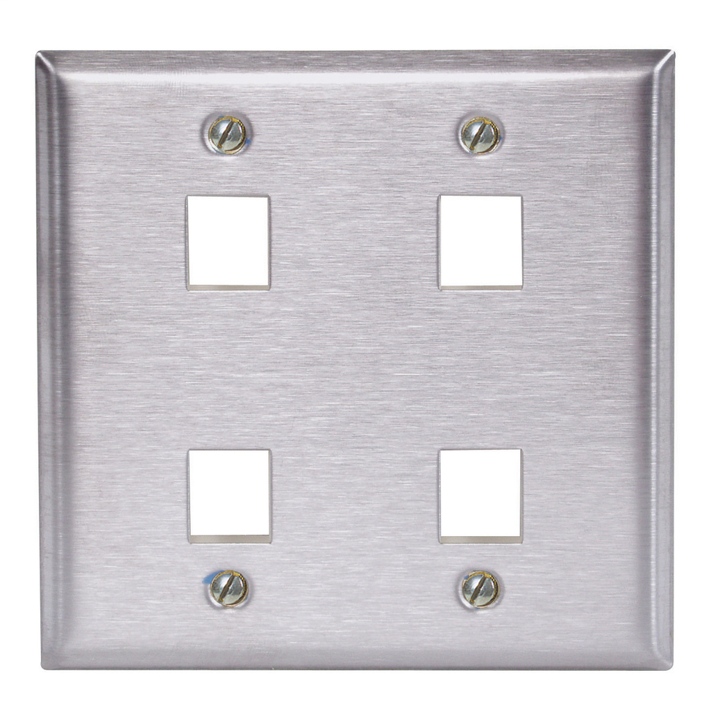 Phone/Data/Multimedia Faceplate, Stainless Steel Plate, Double-Gang, 4-Port