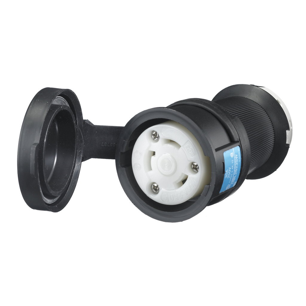 Hubbell Wiring Devices HBL2623SW 30 Amp 250 Volt 2-Pole 3-Wire NEMA L6-30R Black and White Watertight Locking Connector Body Hubbell Wiring Devices HBL2623SW 30 Amp 250 Volt 2-Pole 3-Wire NEMA L6-30R Black and White Watertight Locking Connector Body