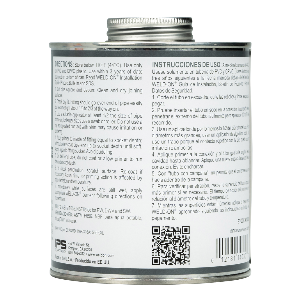 Weld-On 14030 Non-Bodied Fast-Acting Low VOC Plumbing Primer, 1 qt Can with Applicator Cap, Clear