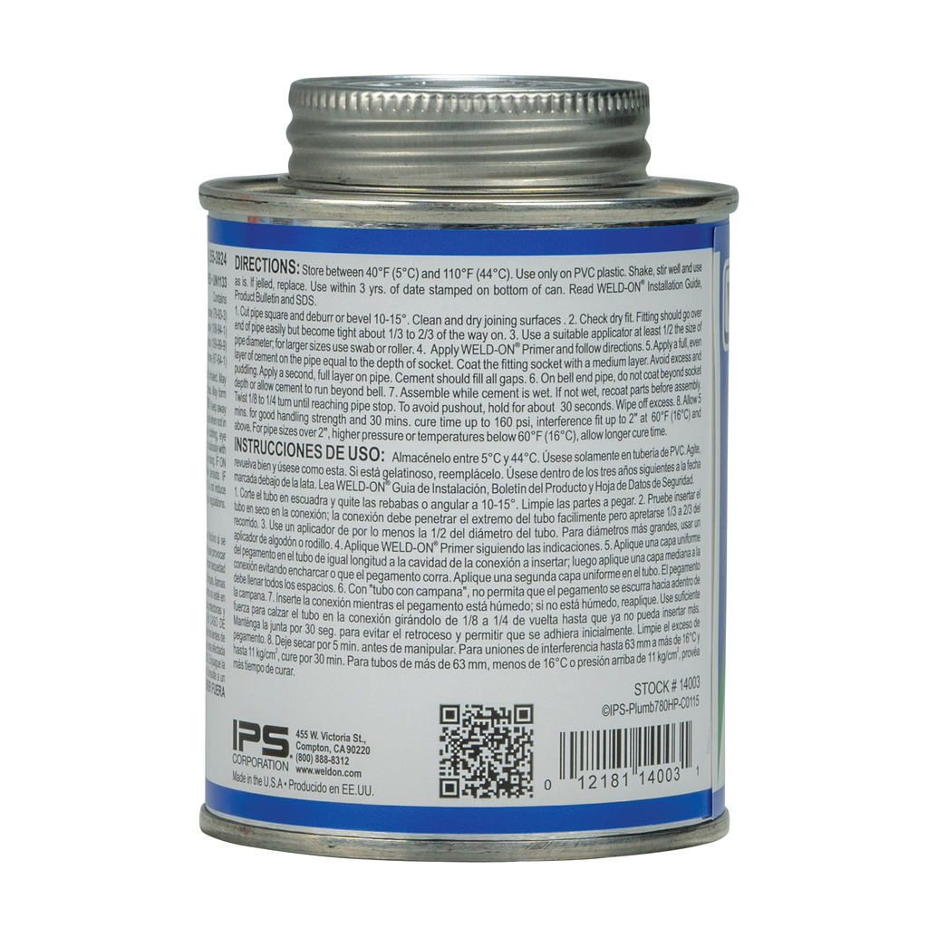 Weld-On 780™ 14003 Low VOC Regular-Bodied Fast-Setting PVC Solvent Cement, 1/2 pt Can with Applicator Cap, Clear