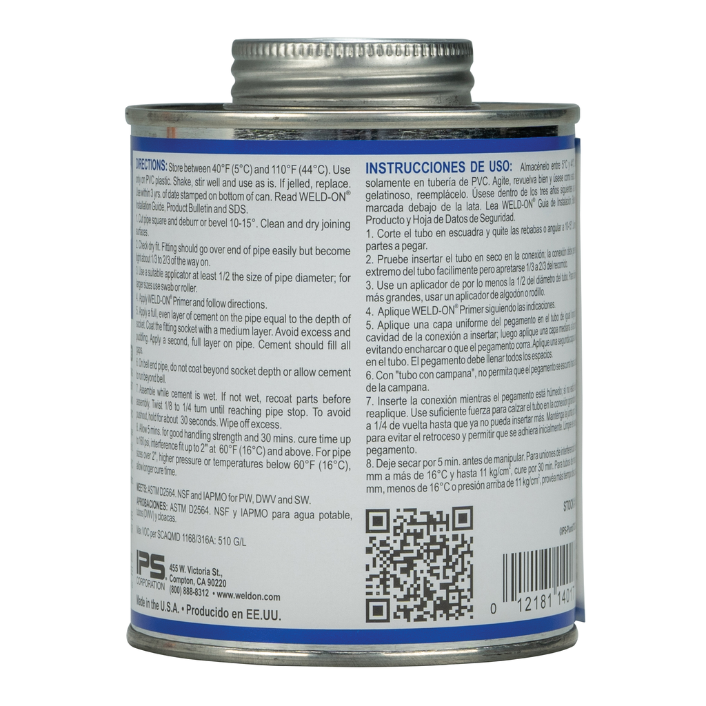 Weld-On 782™ 14017 Low VOC Heavy-Bodied Medium-Setting PVC Solvent Cement, 1 pt Can with Applicator Cap, Clear