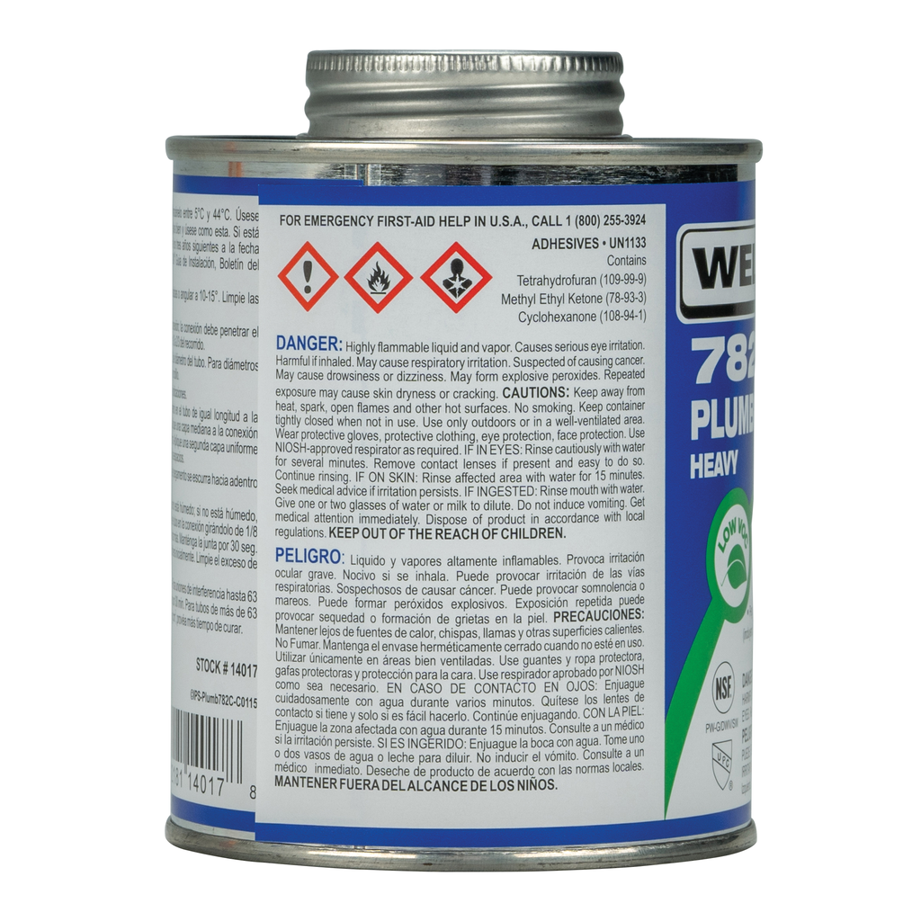 Weld-On 782™ 14017 Low VOC Heavy-Bodied Medium-Setting PVC Solvent Cement, 1 pt Can with Applicator Cap, Clear