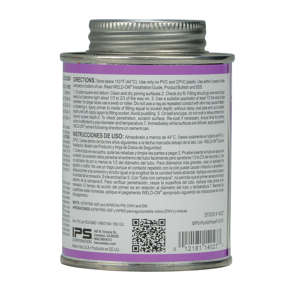 Weld-On 14027 Low VOC Non-Bodied Fast-Acting Plumbing Primer, 1/2 pt Can with Applicator Cap, Purple