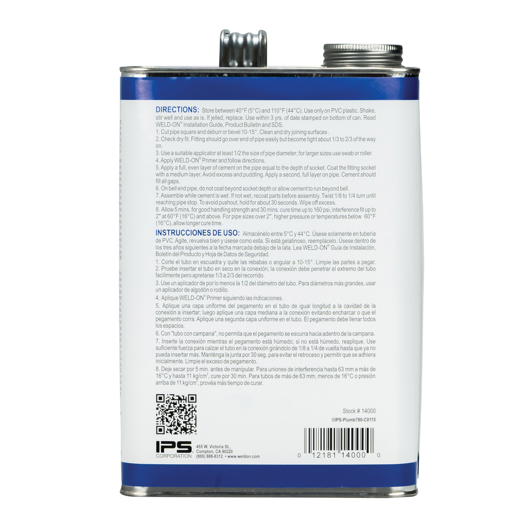 Weld-On 780™ 14000 Regular-Bodied Fast-Setting Low VOC PVC Solvent Cement, 1 gal Can with Screw-on Cap, Clear