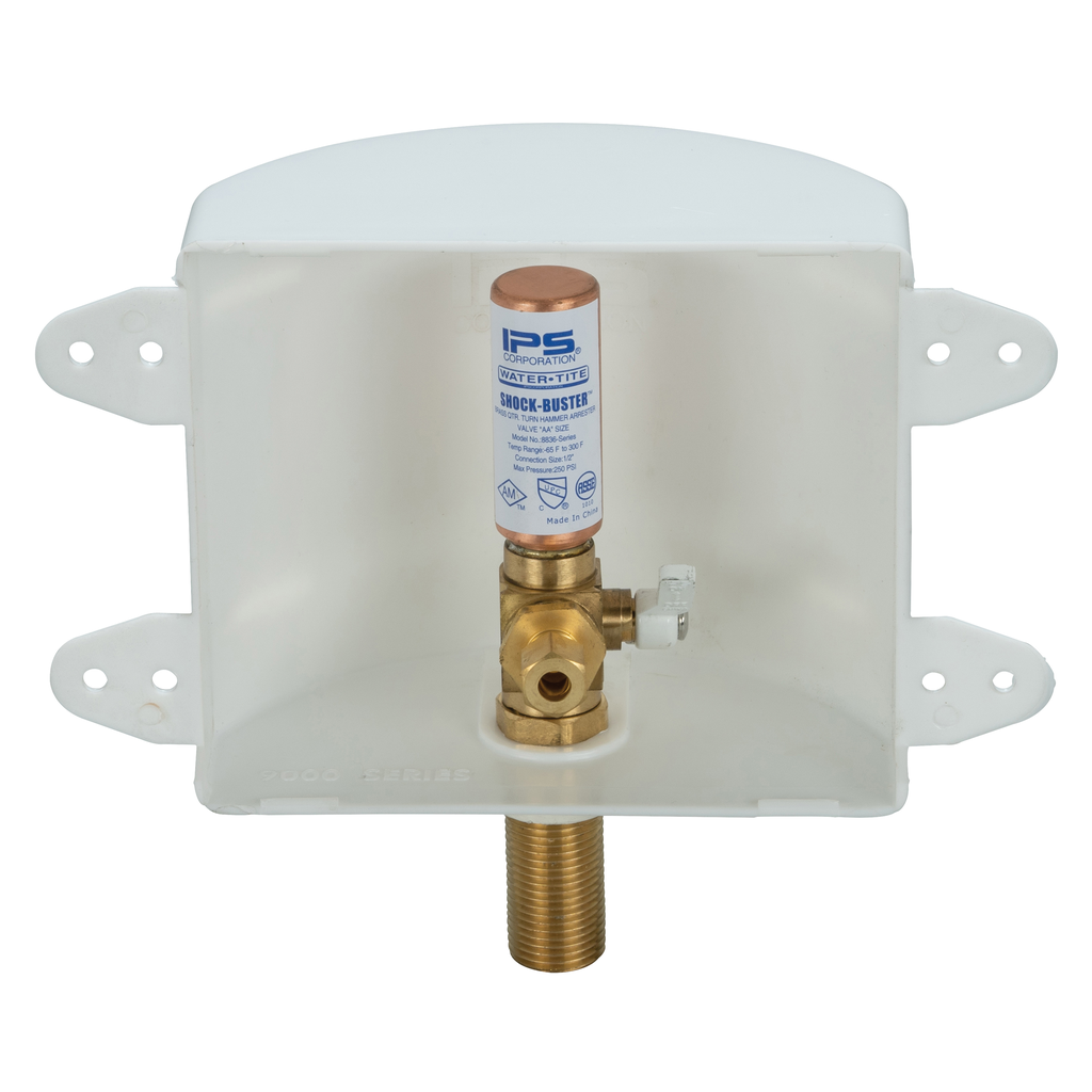 Water-Tite 87978 Plastic Square Outlet Box with Quarter-Turn Lead Free Brass Hammer Arrester Valve, 1/2 Inch Sweat