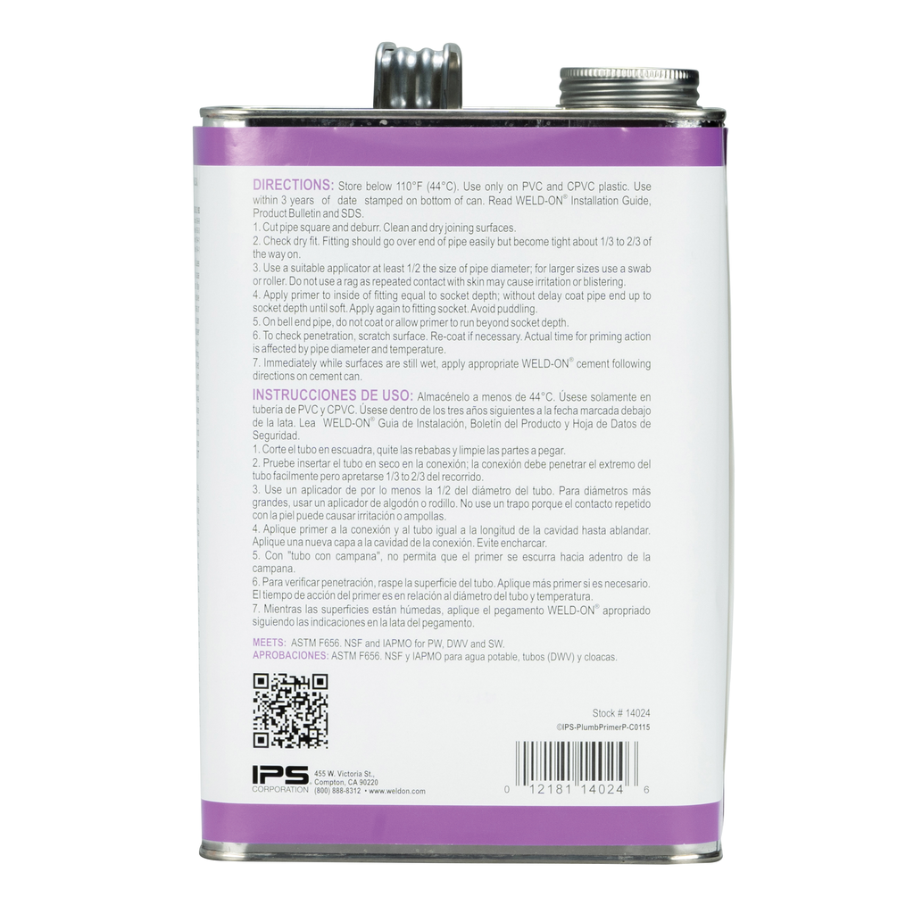 Weld-On 14024 Non-Bodied Fast-Acting Low VOC Plumbing Primer, 1 gal Can with Screw-on Cap, Purple