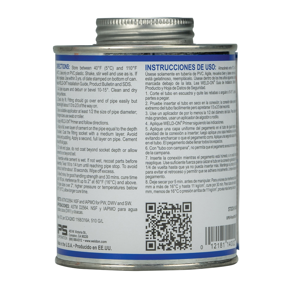Weld-On 780™ 14002 Low VOC Regular-Bodied Fast-Setting PVC Solvent Cement, 1 pt Can with Applicator Cap, Clear