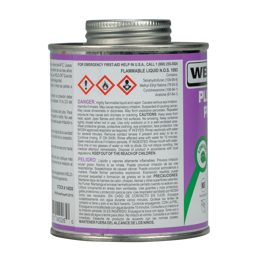 Weld-On 14026 Low VOC Non-Bodied Fast-Acting Plumbing Primer, 1 pt Can with Applicator Cap, Purple