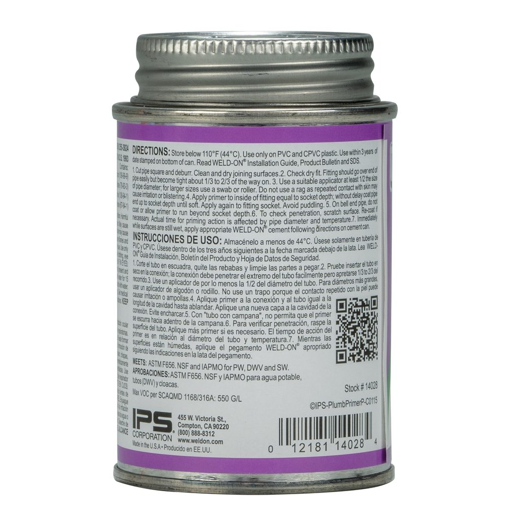 Weld-On 14028 Low VOC Non-Bodied Fast-Acting Plumbing Primer, 1/4 pt Can with Applicator Cap, Purple
