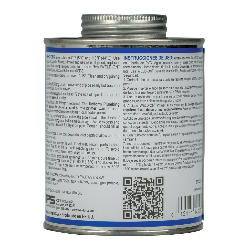 Weld-On 781™ 14007 Low VOC Medium-Bodied Fast-Setting PVC Solvent Cement, 1 pt Can with Applicator Cap, Clear