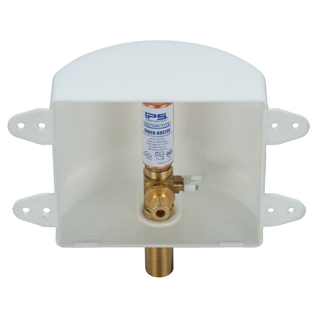 Water-Tite 87978 Plastic Square Outlet Box with Quarter-Turn Lead Free Brass Hammer Arrester Valve, 1/2 Inch Sweat