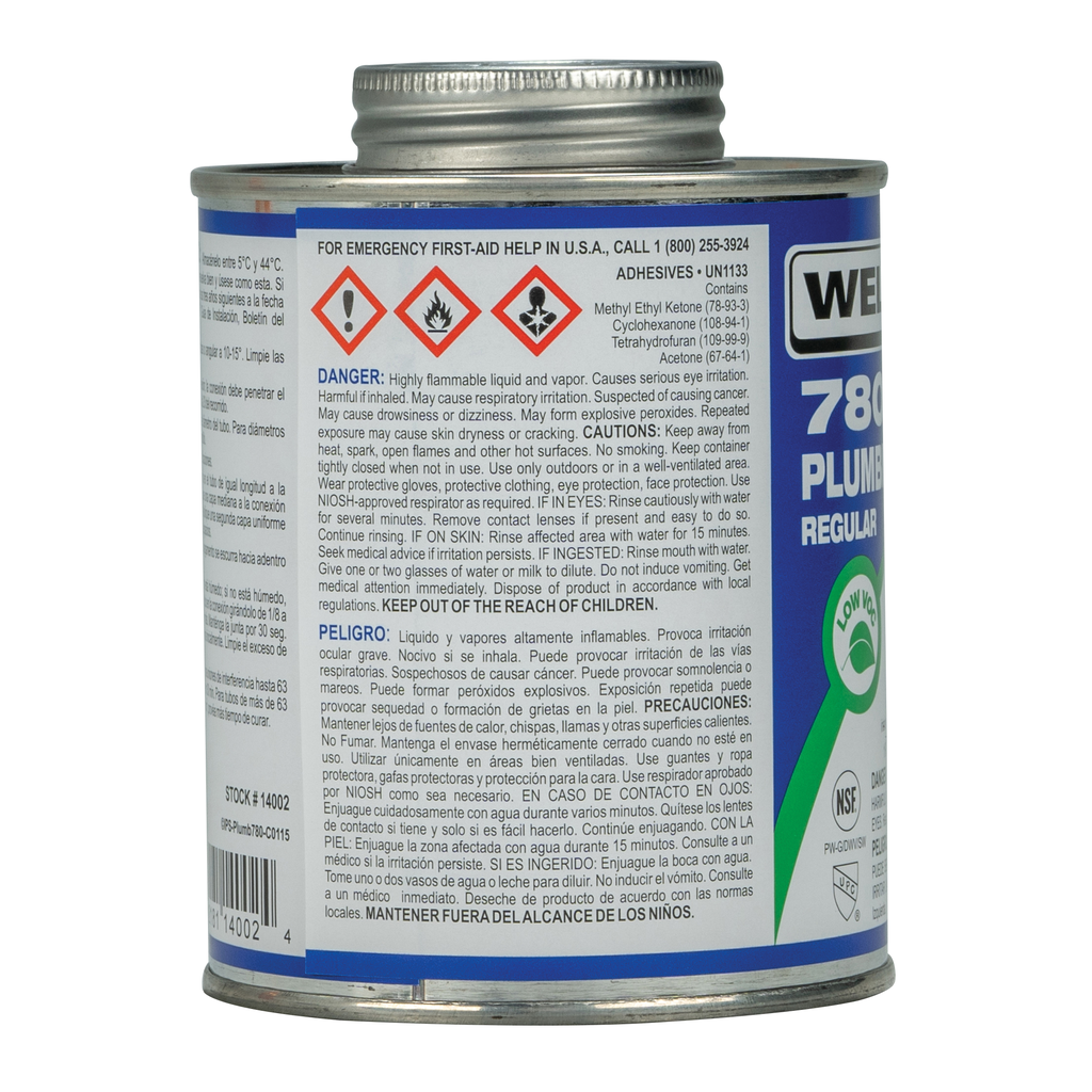 Weld-On 780™ 14002 Low VOC Regular-Bodied Fast-Setting PVC Solvent Cement, 1 pt Can with Applicator Cap, Clear