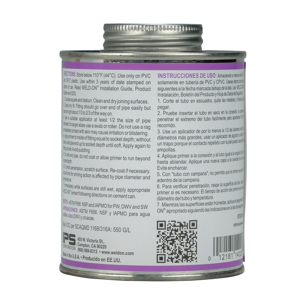 Weld-On 14026 Low VOC Non-Bodied Fast-Acting Plumbing Primer, 1 pt Can with Applicator Cap, Purple