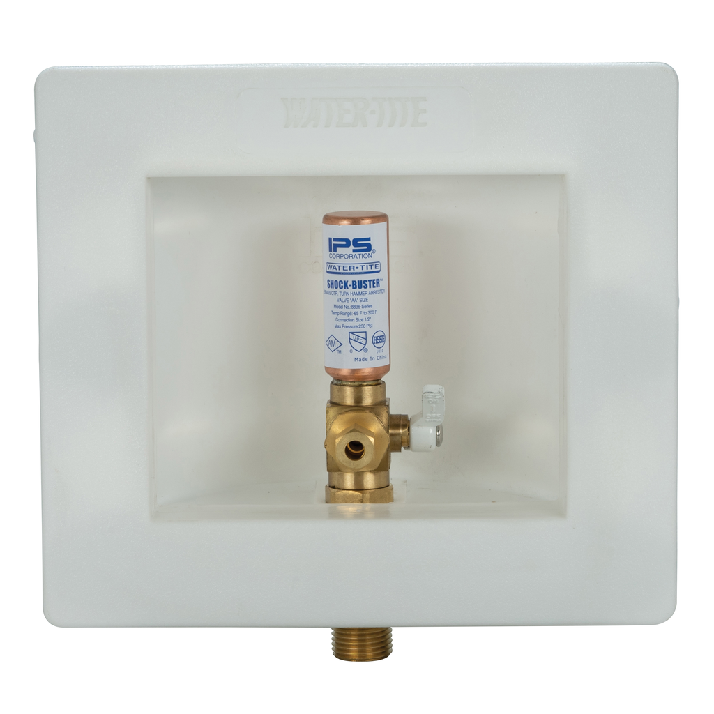 Water-Tite 87978 Plastic Square Outlet Box with Quarter-Turn Lead Free Brass Hammer Arrester Valve, 1/2 Inch Sweat