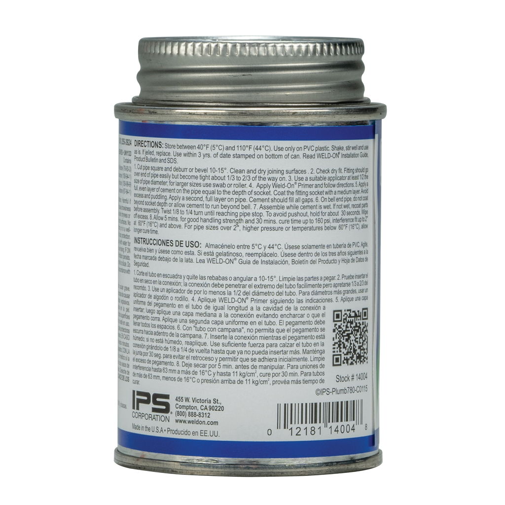 Weld-On 780™ 14004 Low VOC Regular-Bodied Fast-Setting PVC Solvent Cement, 1/4 pt Can with Applicator Cap, Clear