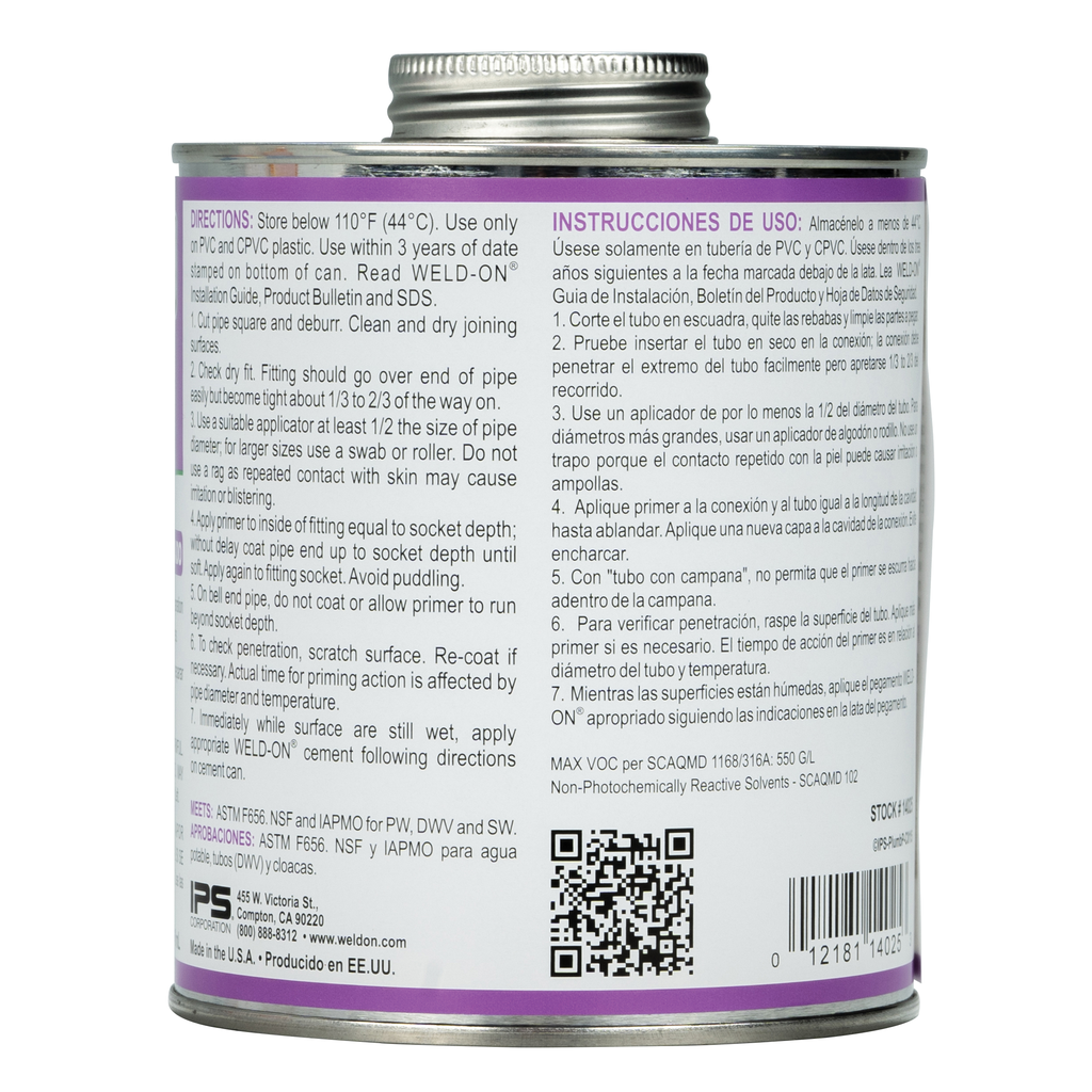 Weld-On 14025 Non-Bodied Fast-Acting Low VOC Plumbing Primer, 1 qt Can with Applicator Cap, Purple