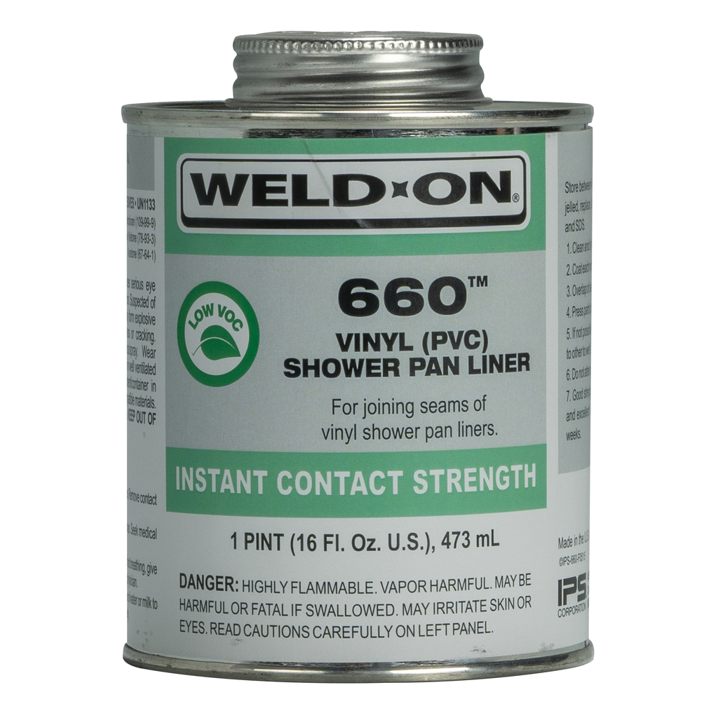 Weld-On 660™ 10835 Low VOC Regular-Bodied Fast Drying PVC Shower Pan Liner Solvent Cement, 1 pt Metal Can, Clear