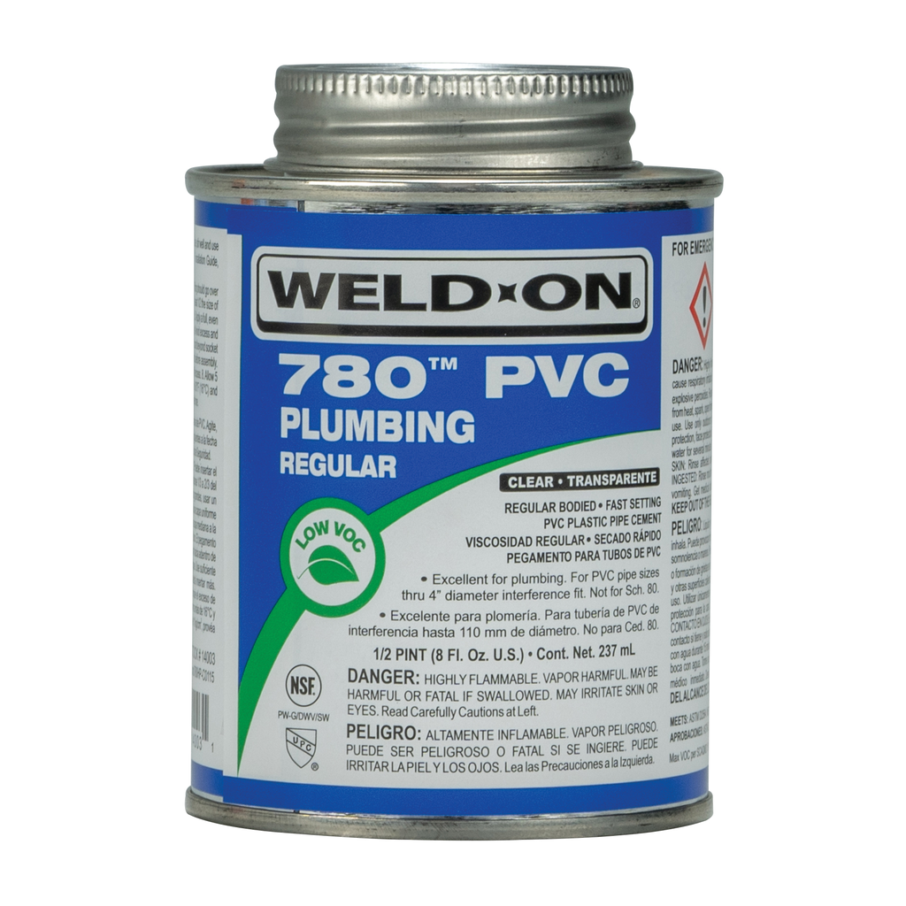Weld-On 780™ 14003 Low VOC Regular-Bodied Fast-Setting PVC Solvent Cement, 1/2 pt Can with Applicator Cap, Clear