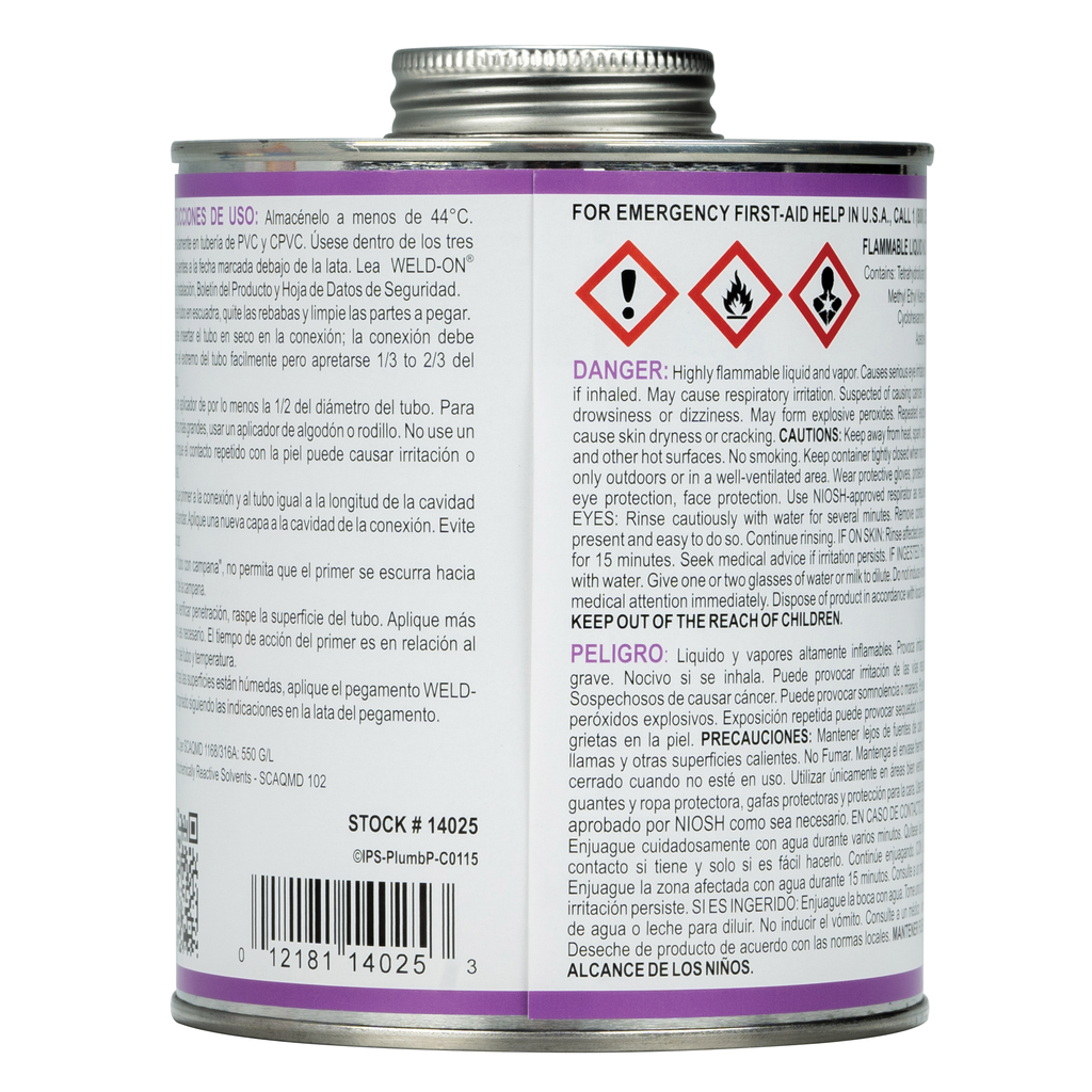 Weld-On 14025 Non-Bodied Fast-Acting Low VOC Plumbing Primer, 1 qt Can with Applicator Cap, Purple