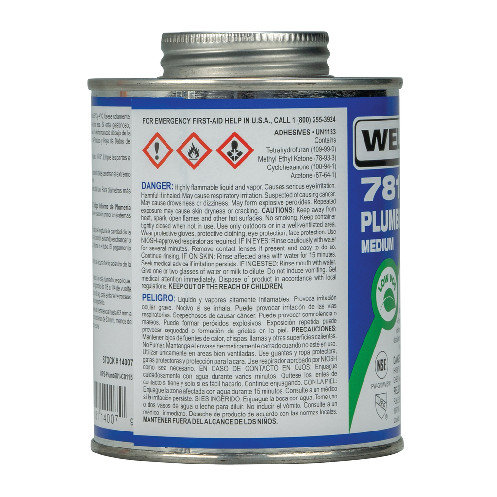 Weld-On 781™ 14007 Low VOC Medium-Bodied Fast-Setting PVC Solvent Cement, 1 pt Can with Applicator Cap, Clear