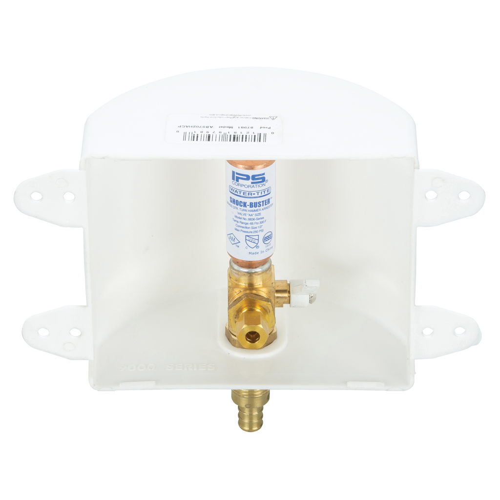 Water-Tite 87981 Plastic Square Contractor Pack Outlet Box with Quarter-Turn Lead Free Brass Hammer Arrester Valve, 1/2 Inch F1807 PEX