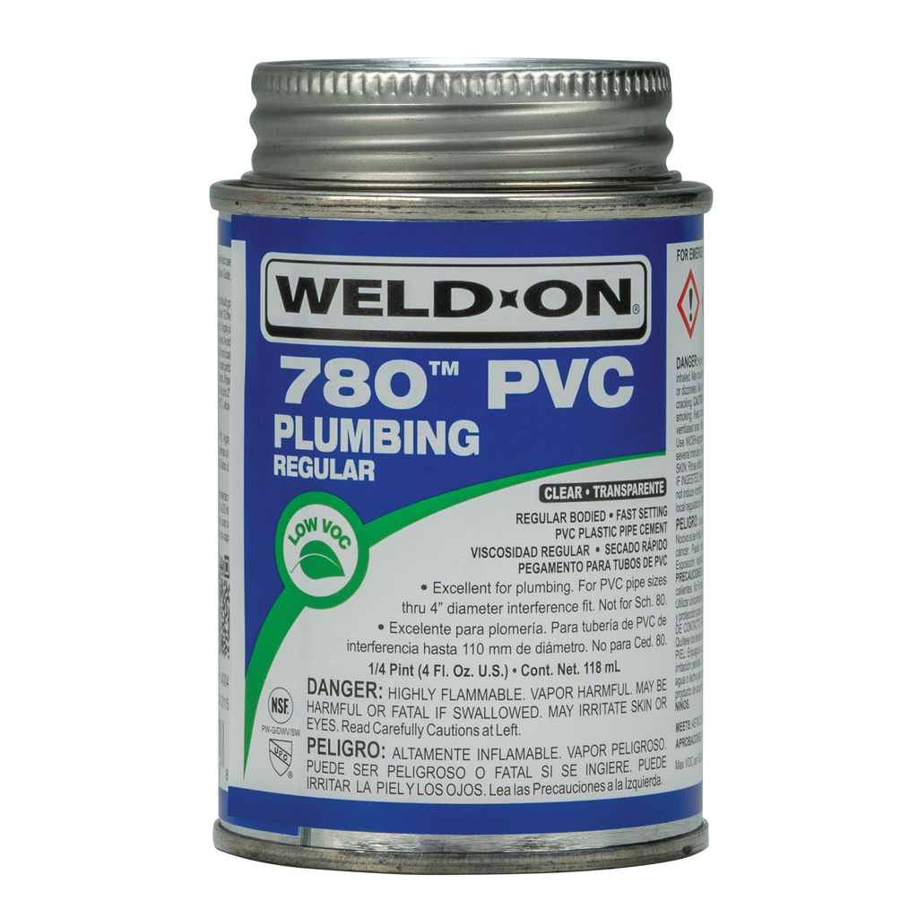 Weld-On 780™ 14004 Low VOC Regular-Bodied Fast-Setting PVC Solvent Cement, 1/4 pt Can with Applicator Cap, Clear