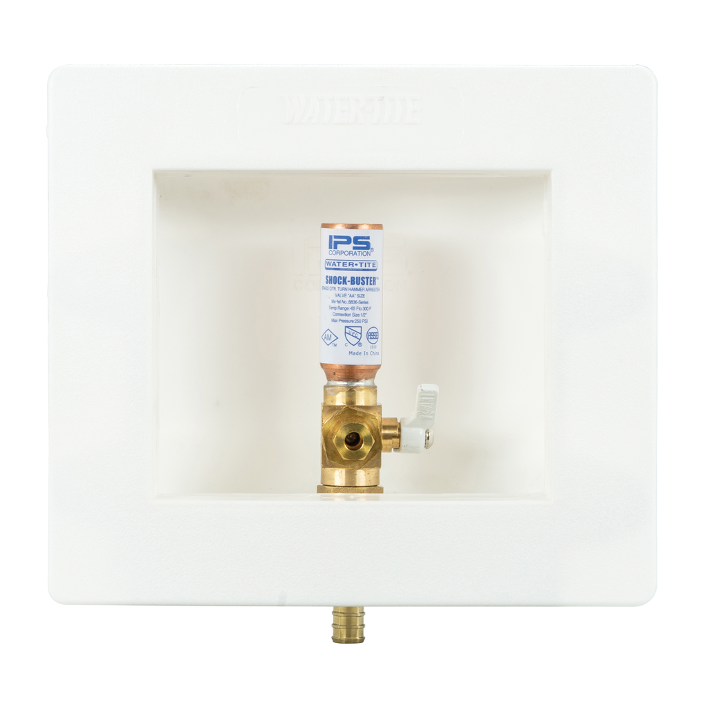 Water-Tite 87981 Plastic Square Contractor Pack Outlet Box with Quarter-Turn Lead Free Brass Hammer Arrester Valve, 1/2 Inch F1807 PEX