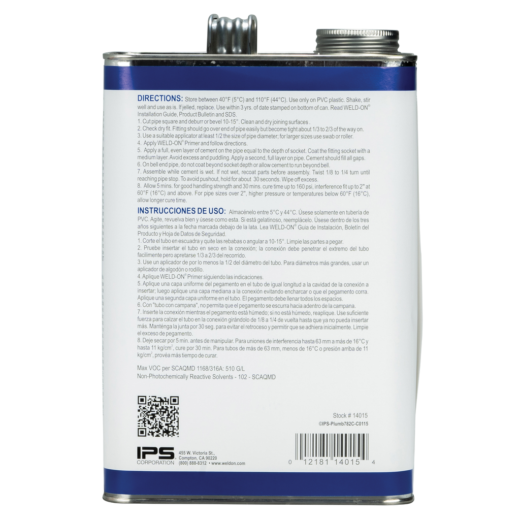 Weld-On 782™ 14015 Heavy-Bodied Medium-Setting Low VOC PVC Solvent Cement, 1 gal Can with Screw-on Cap, Clear