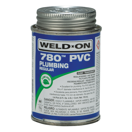 Weld-On 780™ 14004 Low VOC Regular-Bodied Fast-Setting PVC Solvent Cement, 1/4 pt Can with Applicator Cap, Clear