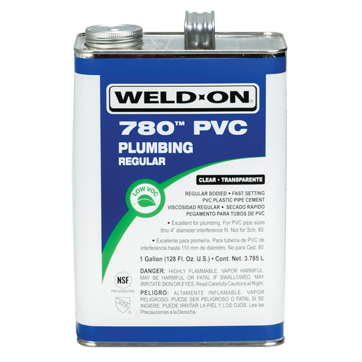 Weld-On 780™ 14000 Regular-Bodied Fast-Setting Low VOC PVC Solvent Cement, 1 gal Can with Screw-on Cap, Clear