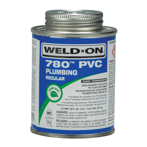 Weld-On 780™ 14003 Low VOC Regular-Bodied Fast-Setting PVC Solvent Cement, 1/2 pt Can with Applicator Cap, Clear