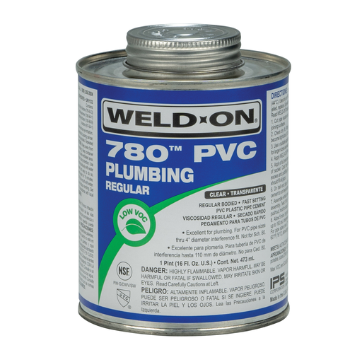 Weld-On 780™ 14002 Low VOC Regular-Bodied Fast-Setting PVC Solvent Cement, 1 pt Can with Applicator Cap, Clear