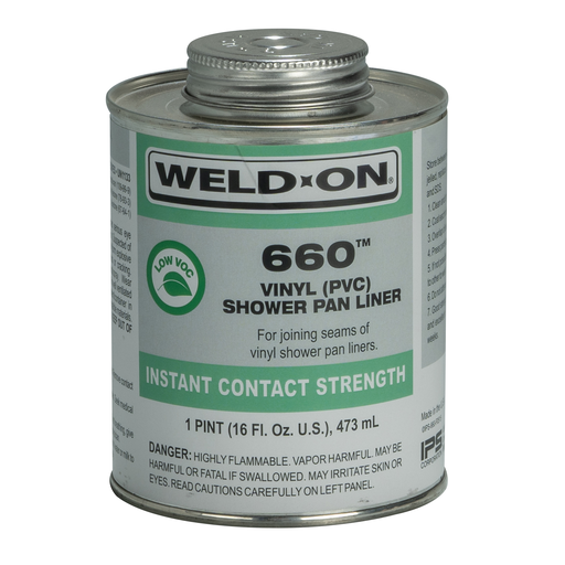 Weld-On 660™ 10835 Low VOC Regular-Bodied Fast Drying PVC Shower Pan Liner Solvent Cement, 1 pt Metal Can, Clear